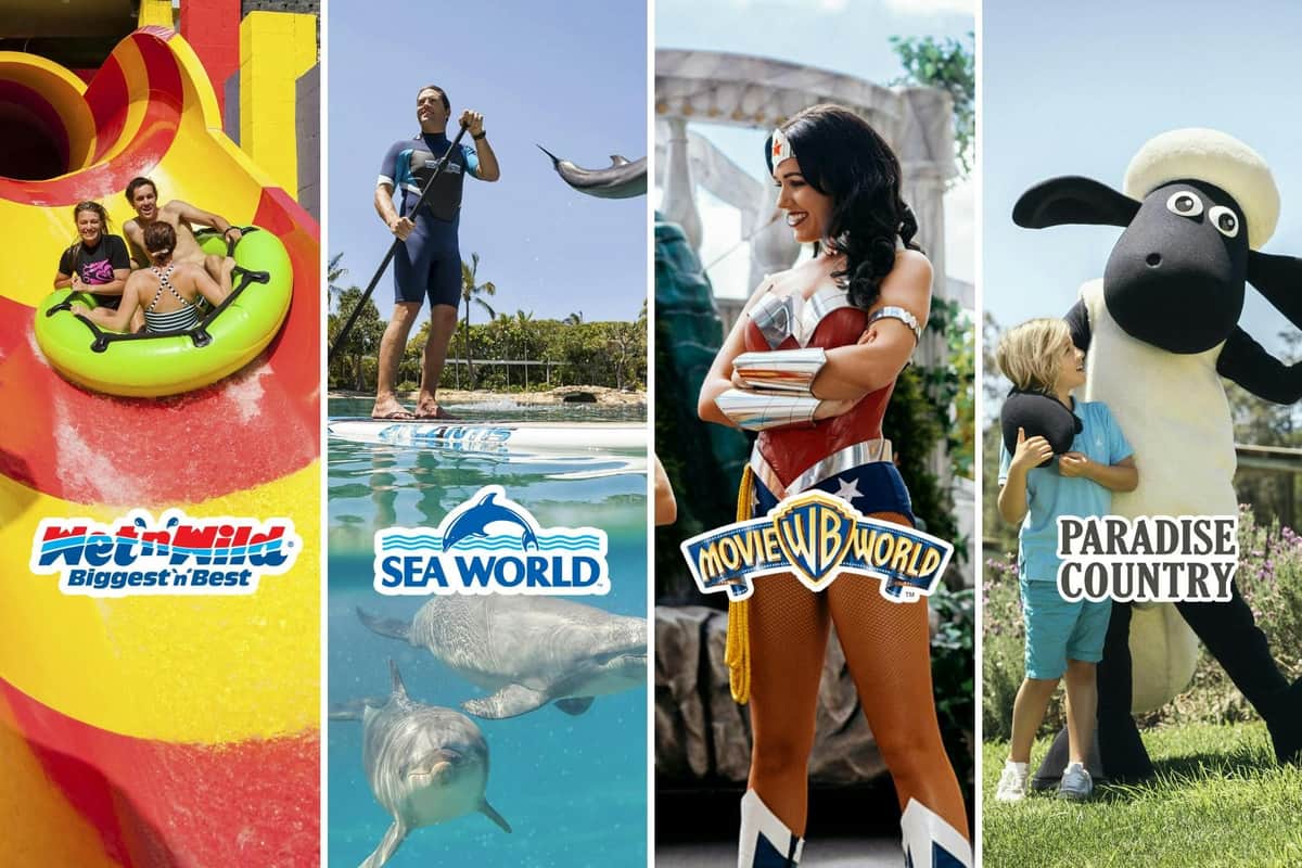 A family on a water slide, a man paddleboarding with dolphins, and a person dressed as a superhero. Logos for Wet'n'Wild, Sea World, and Movie World.