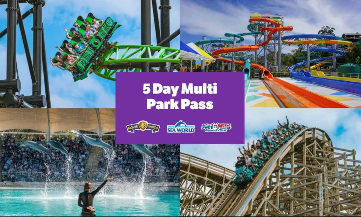 Collage featuring rollercoasters, a water slide park, and a dolphin show, with text promoting a 5-day multi-park pass.