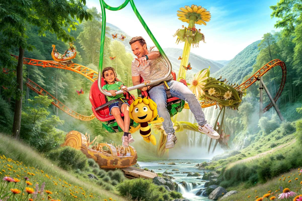 A man and child enjoy a swing ride with a bee decoration in a colorful, whimsical park featuring flowers and rollercoasters.