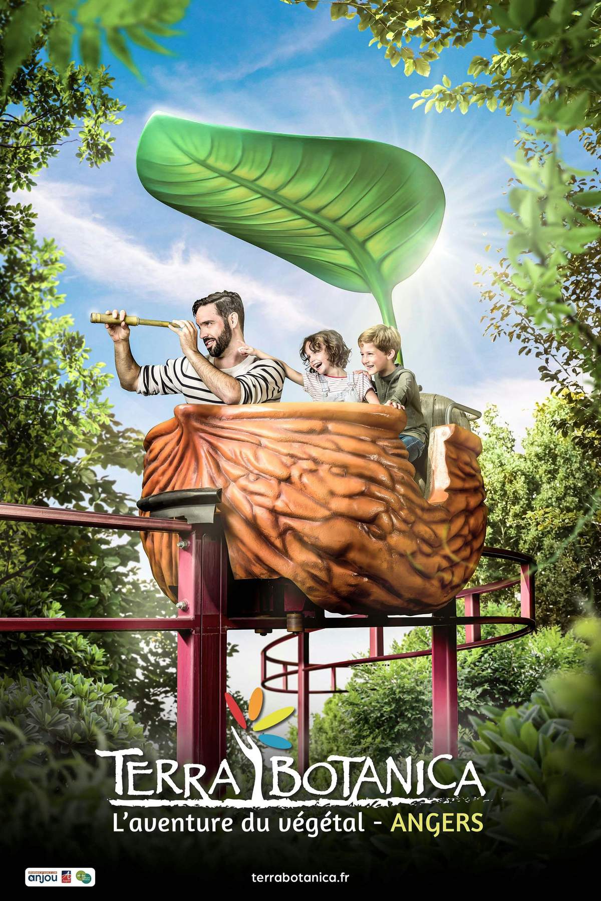 A man and two children ride a nut-shaped cart on a track with a leaf canopy. The man looks through binoculars while the children smile.