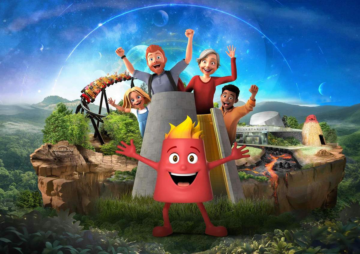 Animated characters cheering with raised hands, a roller coaster, and a volcano in the background under a starry sky.