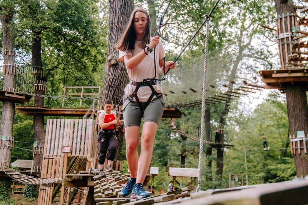 AccroCamp Toulouse: Entry Ticket Two individuals navigate a rope bridge in a forest adventure park, harnessed and wearing safety gear. Trees and wooden platforms surround them.