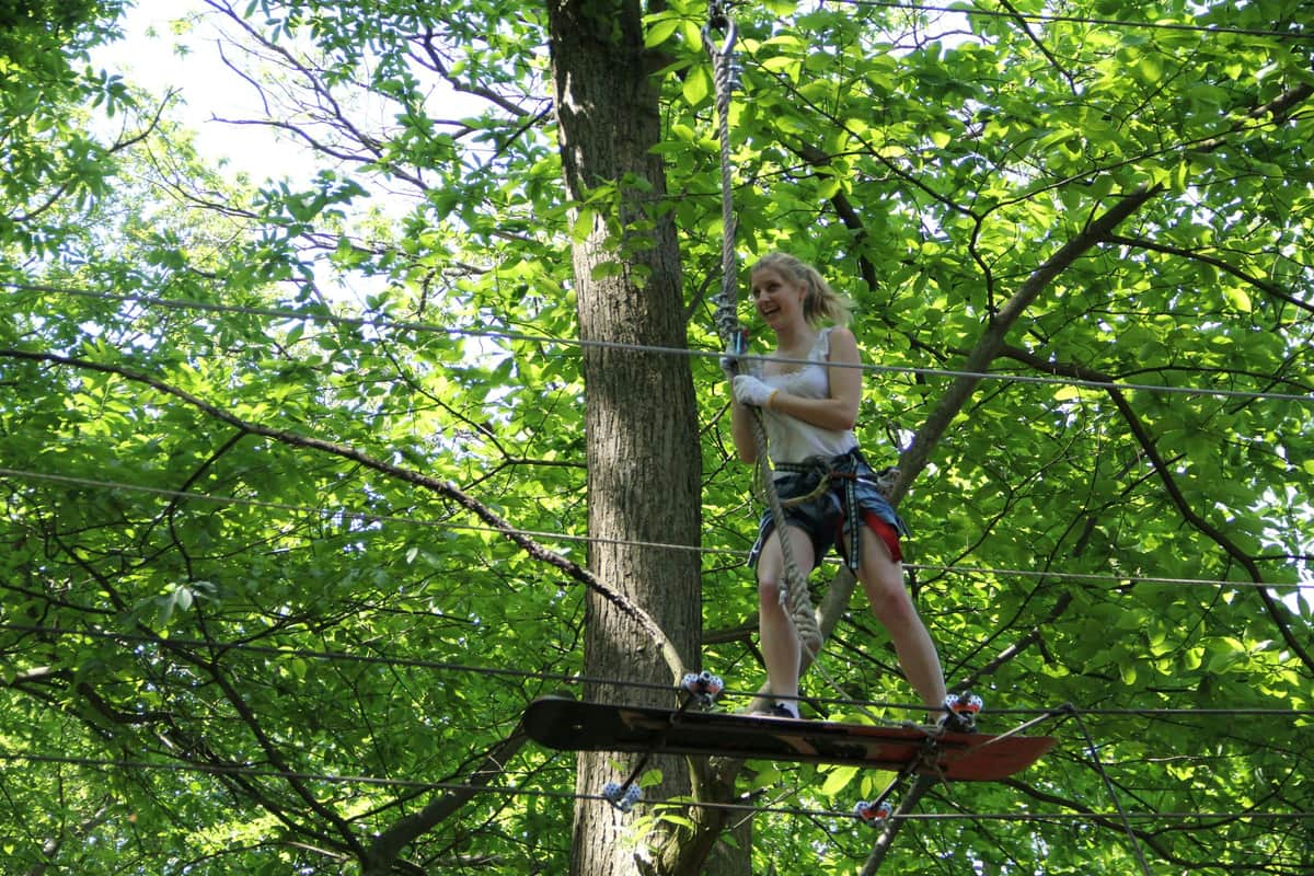 A person is balancing on a suspended board among trees, smiling, wearing a harness, and holding onto ropes in a forested area.