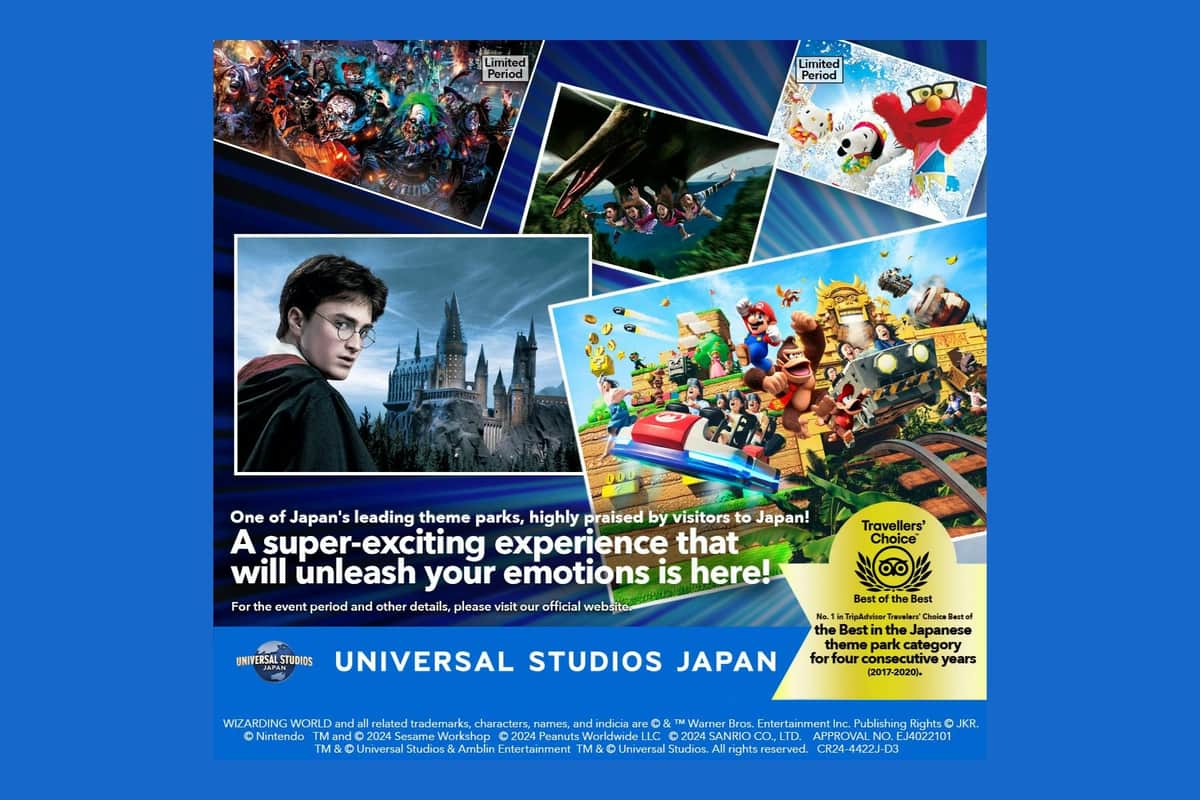 Collage of Universal Studios Japan attractions featuring scenes from Harry Potter, Mario Kart, and more with promotional text.