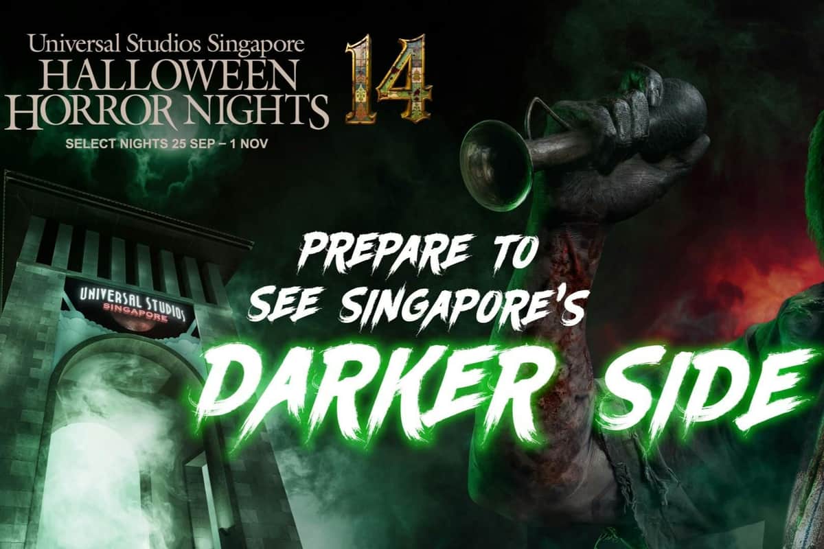 Manifesto promozionale per le Halloween Horror Nights 14 agli Universal Studios Singapore, con un testo inquietante e un tema da brividi.