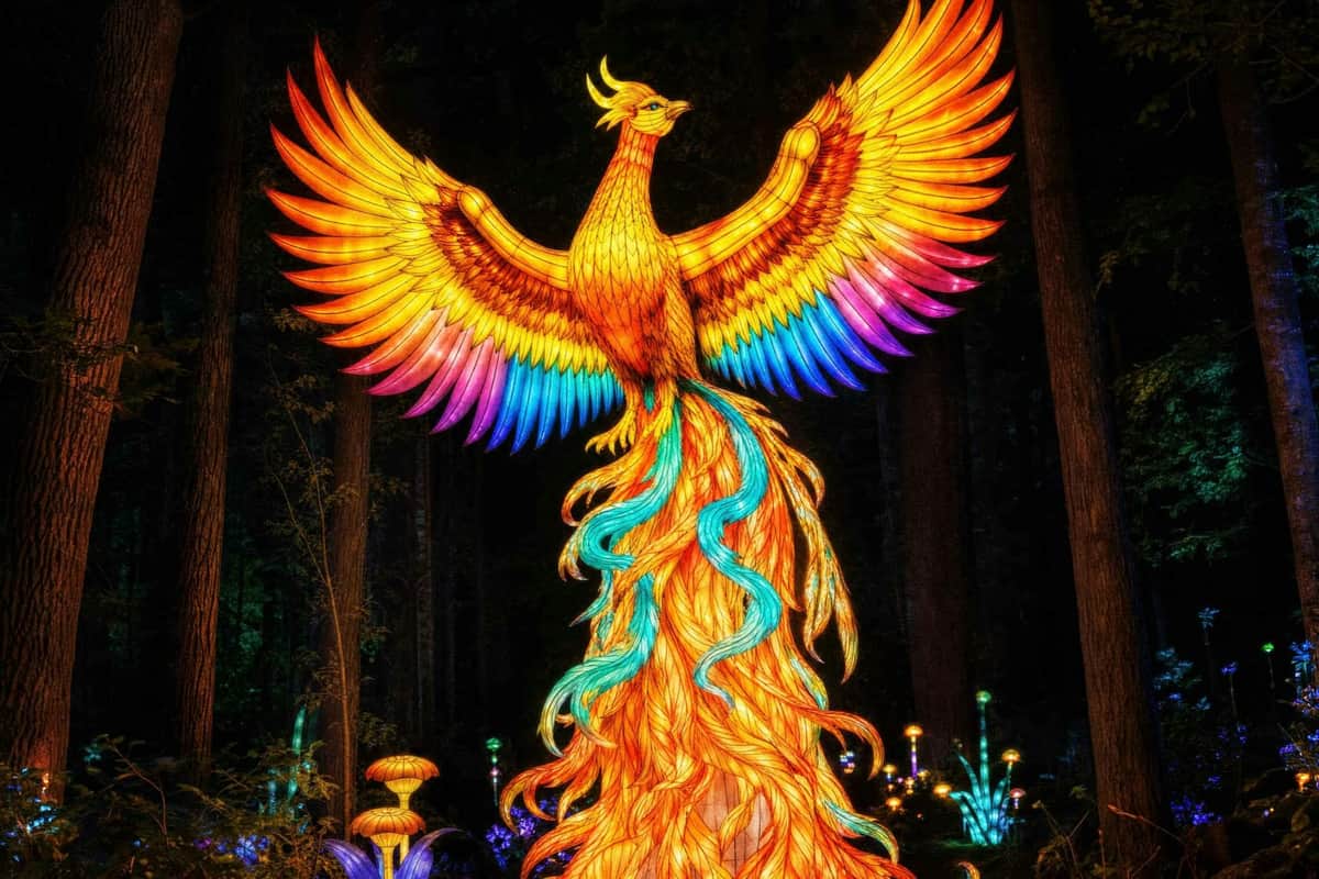A vibrant phoenix lantern with glowing feathers in orange, blue, and purple hues, displayed in a nighttime forest setting.