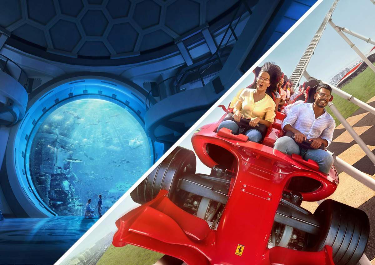 On the left, a futuristic space-themed interior. On the right, people are riding a red rollercoaster on a sunny day.