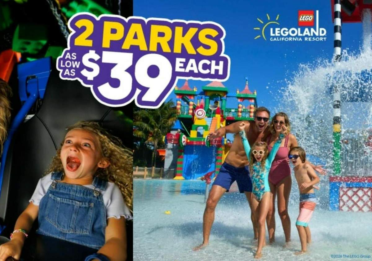 A promotional image showing a mother and child enjoying a park ride and a water park scene with a price offer for two parks.