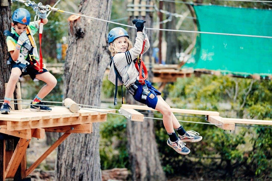Two children in helmets and harnesses navigate a treetop ropes course, one balancing on a platform, the other zip-lining.