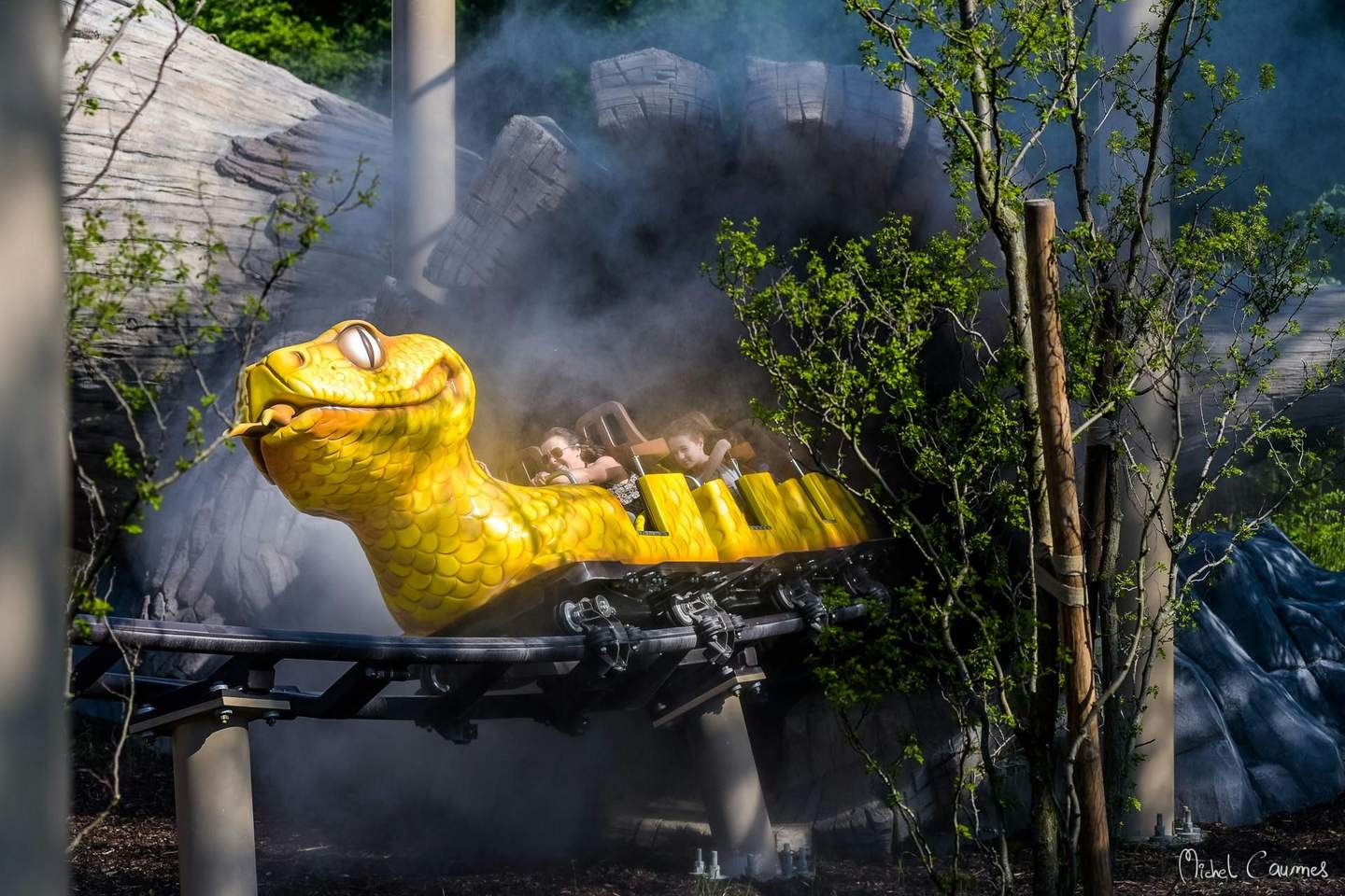 A yellow snake-themed roller coaster car with riders passes through misty, wooded surroundings.
