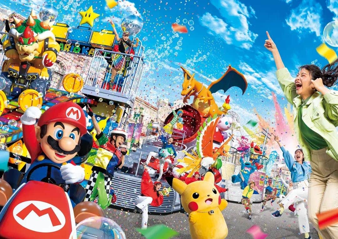 A lively scene with people and mascots from popular video games, including Mario and Pikachu, celebrating amidst bubbles and confetti.