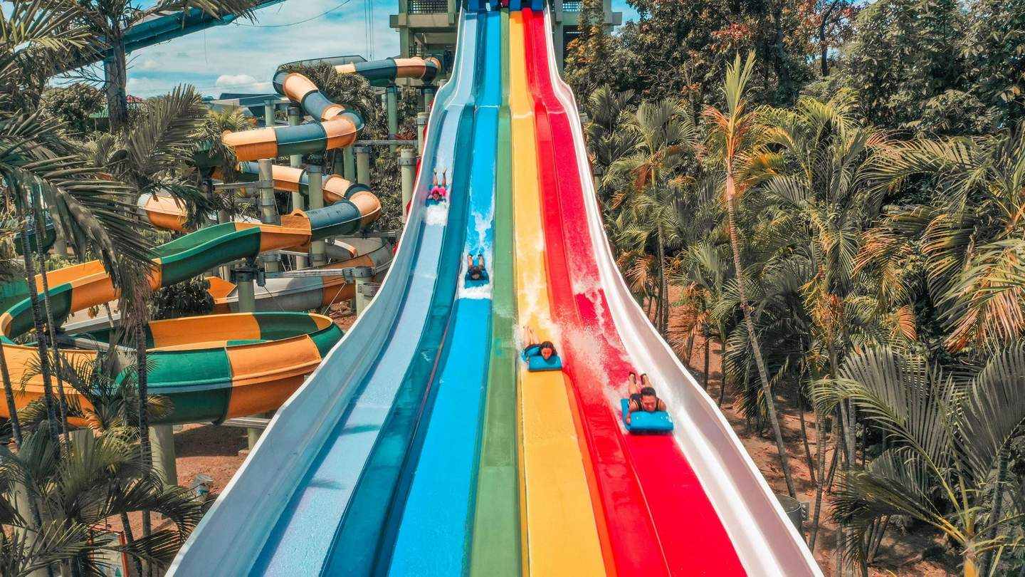 Menschen, die in einem von Palmen und anderen Attraktionen umgebenen Wasserpark im Freien bunte Wasserrutschen hinunterrutschen.