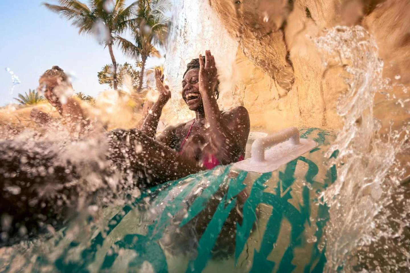Four dolphins jumping out of a large pool with a waterslide tower and palm trees in the background.