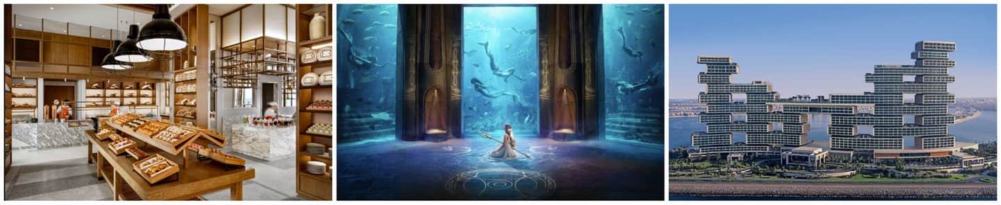 Three images depict a bakery interior, an underwater-themed scene with a figure and sea creatures, and a modern, tiered building by the coast.