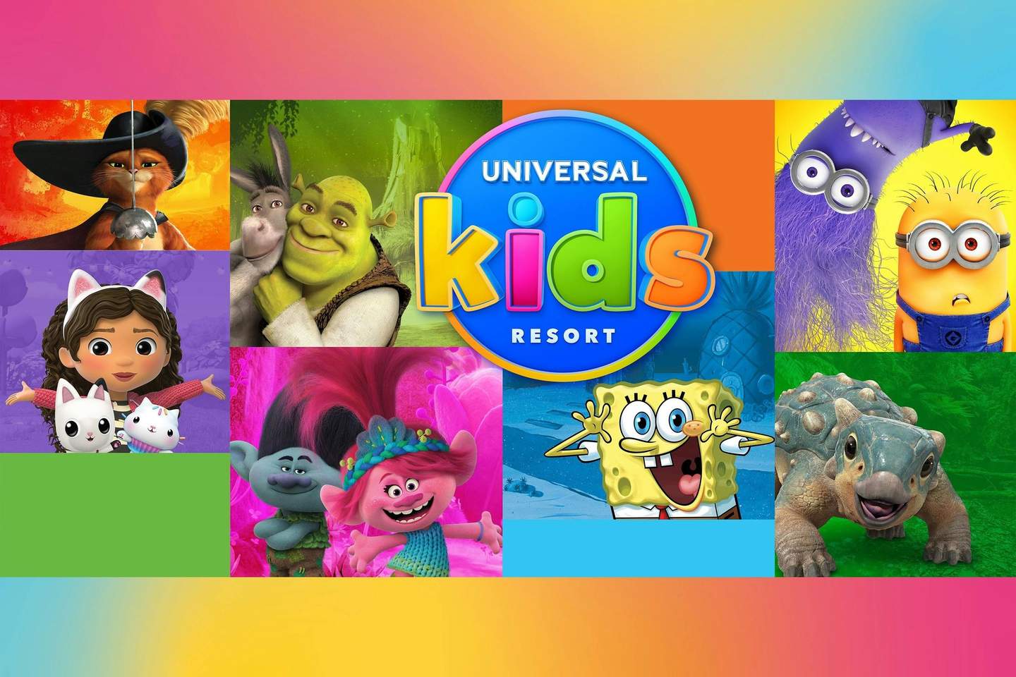 Collage featuring animated characters such as Shrek, Minions, Trolls, SpongeBob, and others with a Universal Kids Resort logo.
