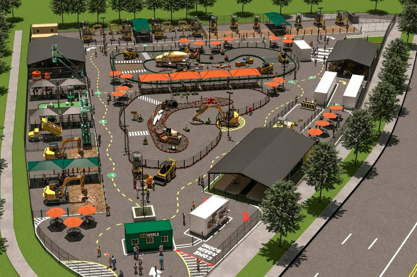 A theme park with construction equipment, activity areas, tents, and visitors walking along pathways and enjoying the attractions.