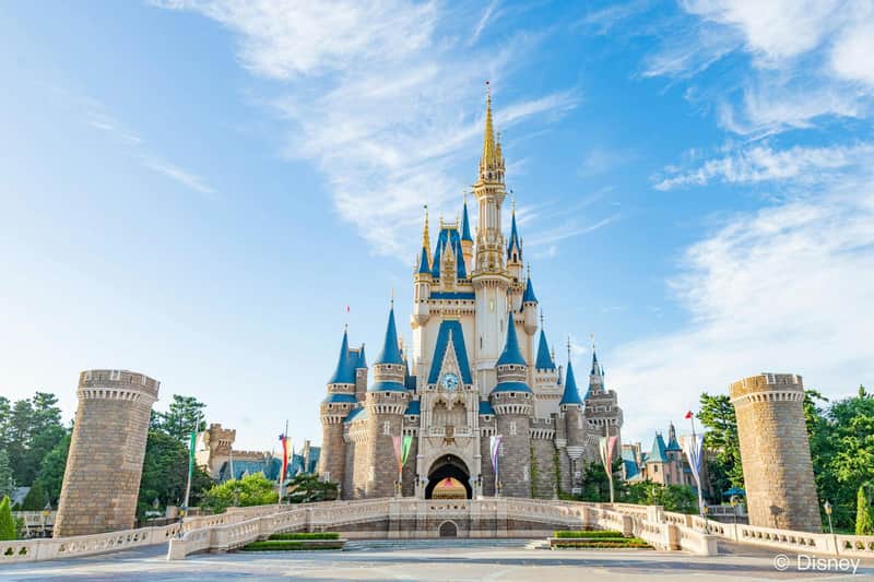 A large castle with blue spires and gold accents against a blue sky, surrounded by trees and flags on a sunny day.