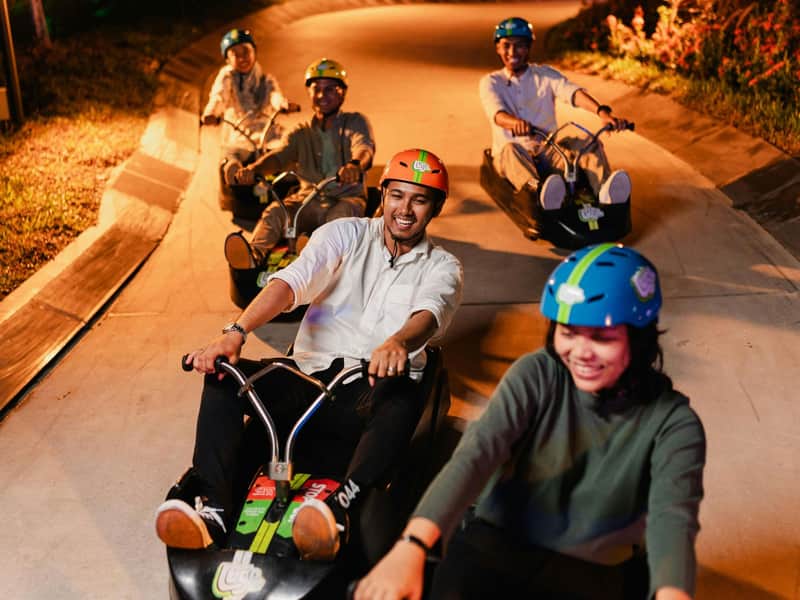 A group of people riding luges on a lit pathway, wearing helmets and smiling.
