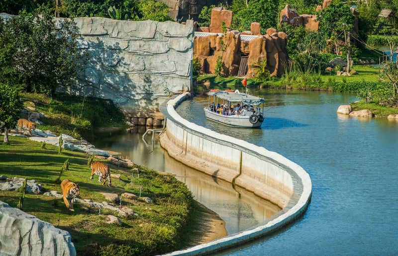 A boat with passengers travels along a canal next to a grassy area with tigers and rocky structures in the background.