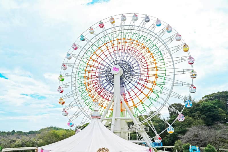 A colorful ferris wheel with themed gondolas against a partly cloudy sky, with trees and a white tent in the foreground.