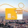 Illustrated card reading "Barcelona Family Fun Digital Pass" over an aerial view of Barcelona city at sunset.