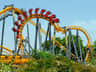 People riding a yellow and red rollercoaster with loops and turns, surrounded by greenery and a clear blue sky.