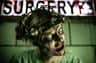 A person in a medical headgear with facial makeup resembling wounds and blood. The word "SURGERY" is visible in the background.