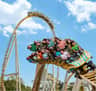 People on a rollercoaster ride down a steep curve with hands raised against a backdrop of blue sky and scattered clouds.